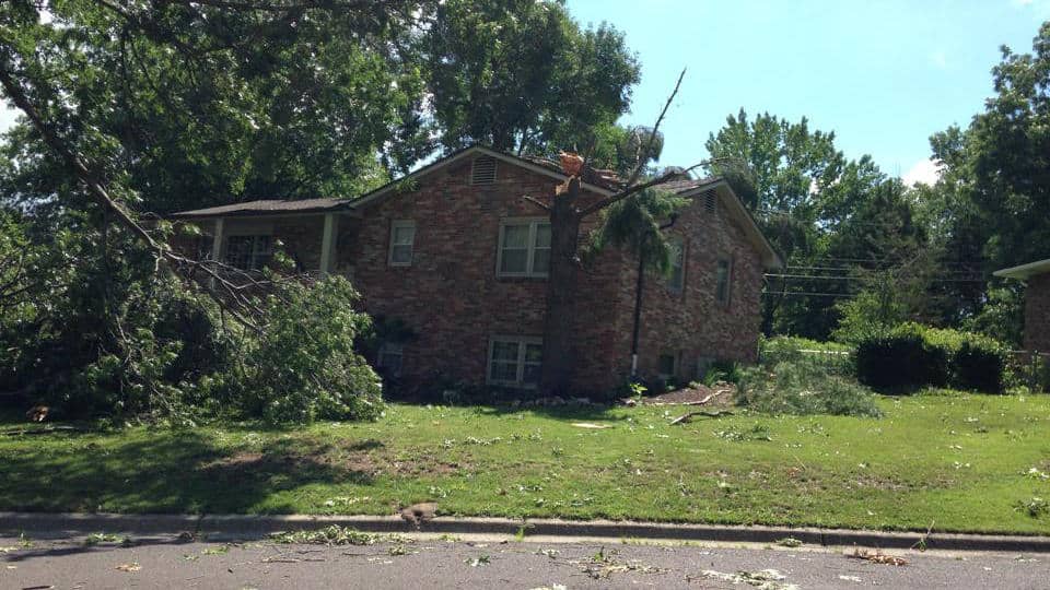 Tree in roof after storm.